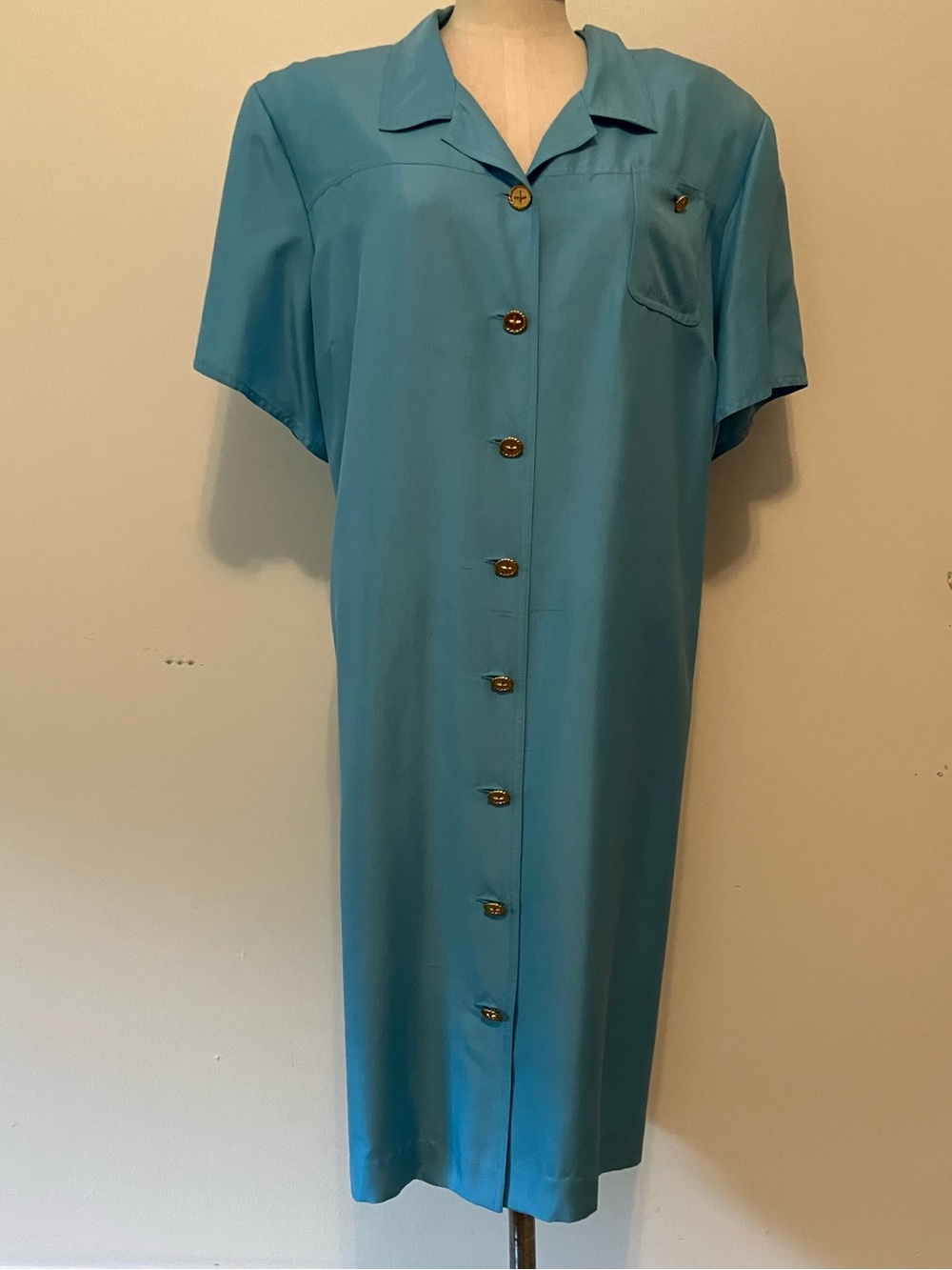 VTG Talbots Silk Shirt Shirt Dress 20 Teal Blue Gold Button Front Short Sleeve